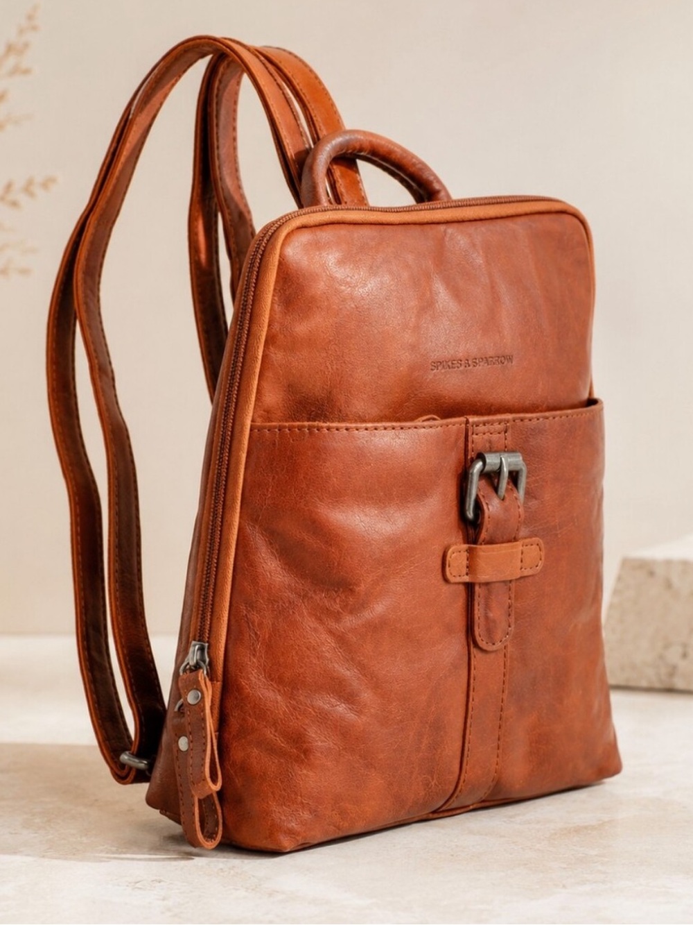 Spikes & Sparrows Brown Leather Backpack zipper pockets travel adjustable straps
